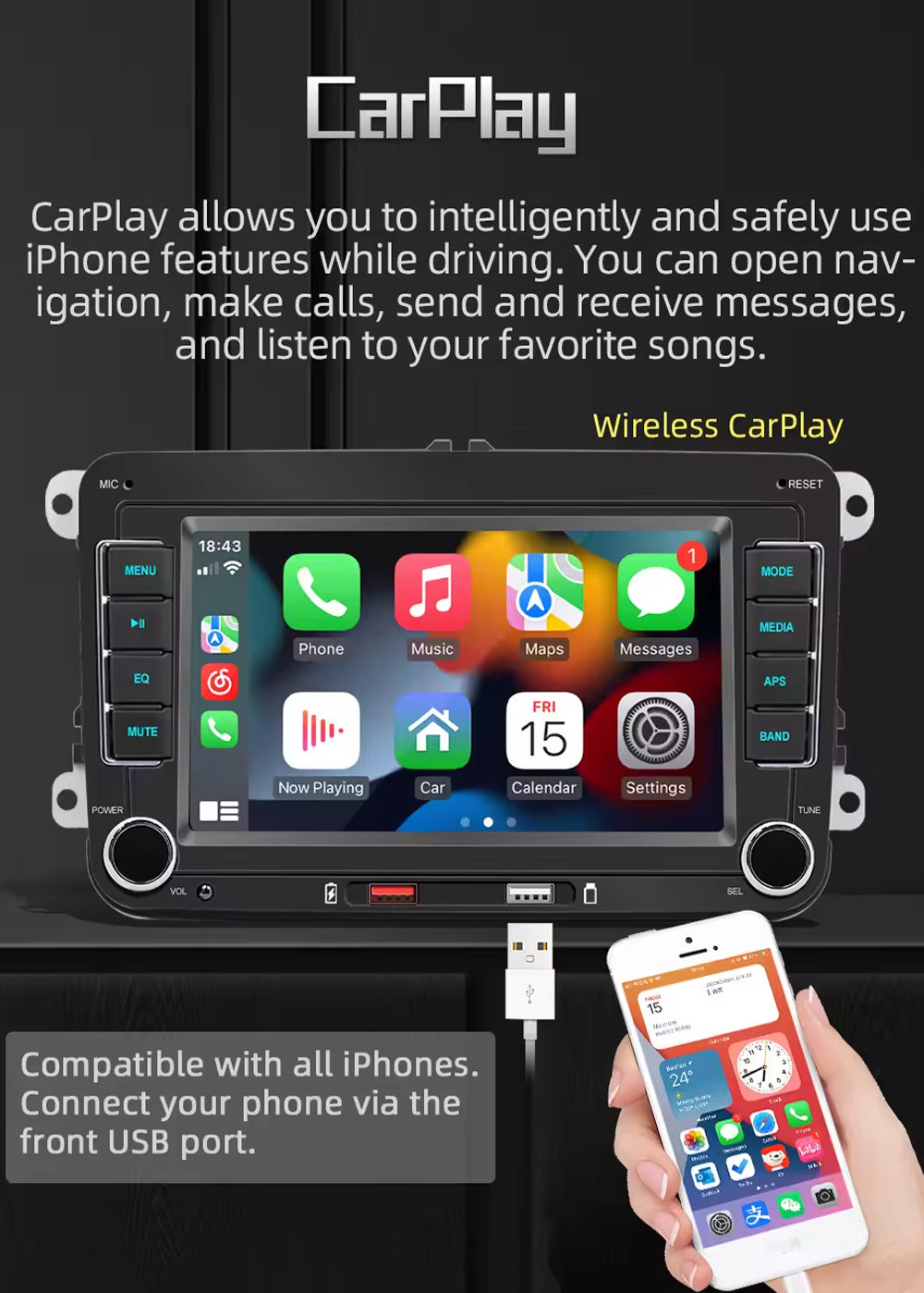 7" For VW Skoda Wireless CarPlay Android Auto Car Stereo