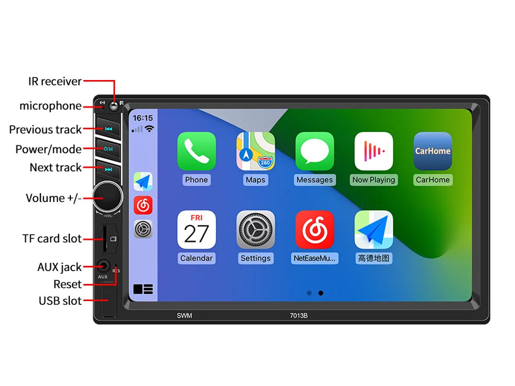 7" 2 Din Apple CarPlay MP5 Player Rotary Volume Controls