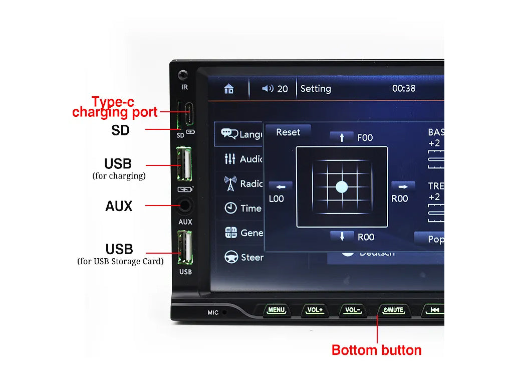 7" 2 Din Bluetooth Car Stereo Type-C Physical Buttons