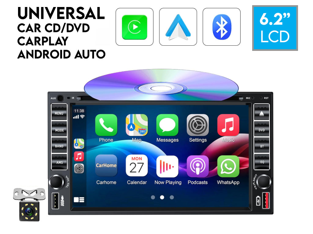 6.2" 2-Din DVD Player – Wireless CarPlay & Android Auto, USB, Reversing Camera Support