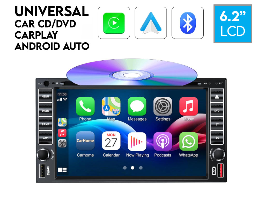 6.2" 2-Din DVD Player – Wireless CarPlay & Android Auto, USB, Reversing Camera Support