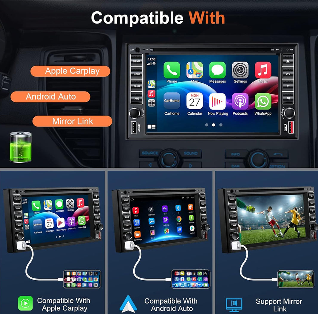 6.2" 2-Din DVD Player – Wireless CarPlay & Android Auto, USB, Reversing Camera Support