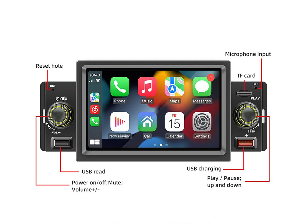 5" Single Din Car MP5 Wireless CarPlay Android Auto