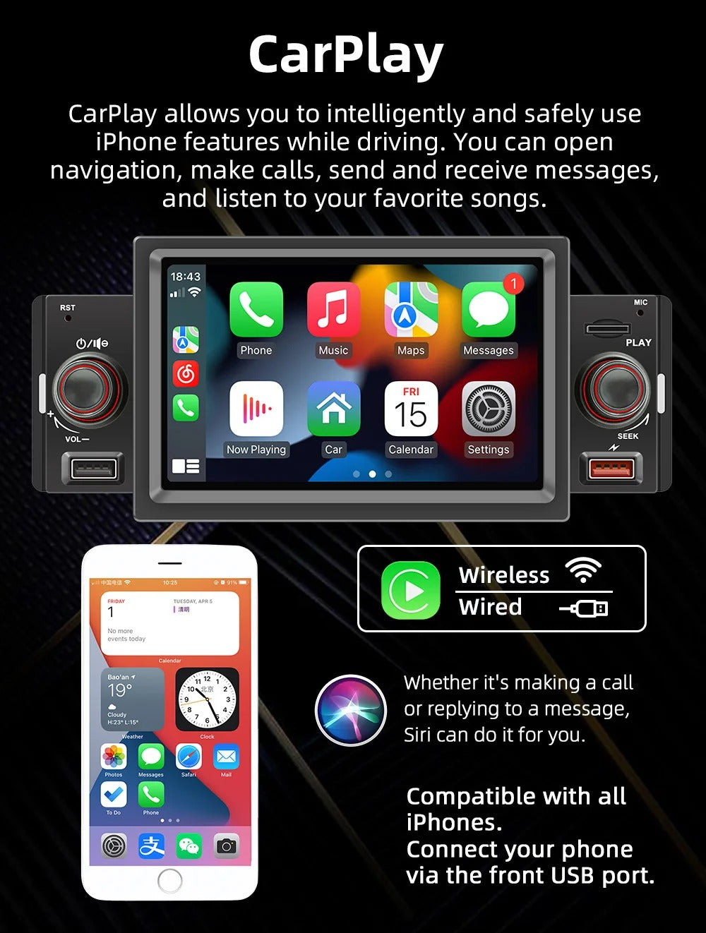 5" Single Din Car MP5 Wireless CarPlay Android Auto